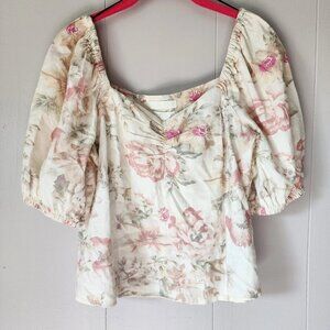 H&M Pastel Floral Linen Blend Cottagecore Boho Puff Short Sleeve Top Xs Vintage